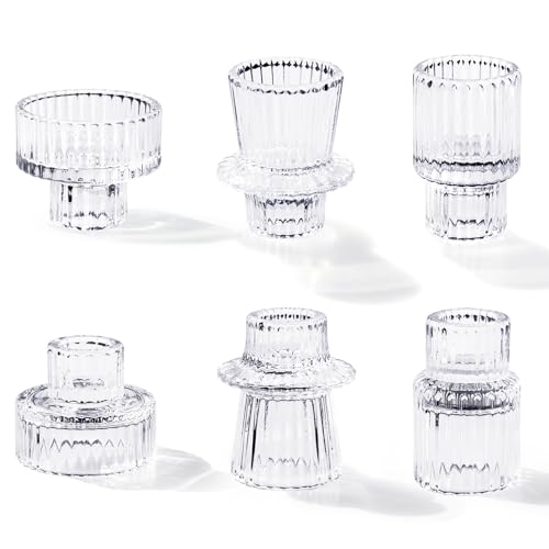 Toptime Candlestick Holders Set of 6, Ribbed Glass Taper Candle Holders, Reversible Clear Tealight & Candle Stick Candle Holder Vintage Crystal Tealight Candle Holder for Wedding Dinner Party