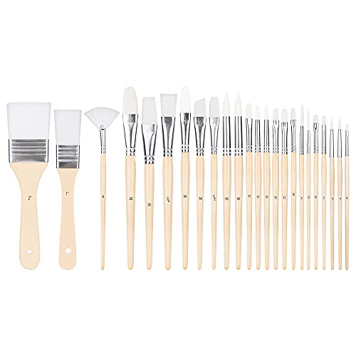 Amazon Basics Multi-shaped Nylon Paint Brushes for for Acrylic, Oil, Watercolor, Gouache, 24 Different Sizes, Wood Color