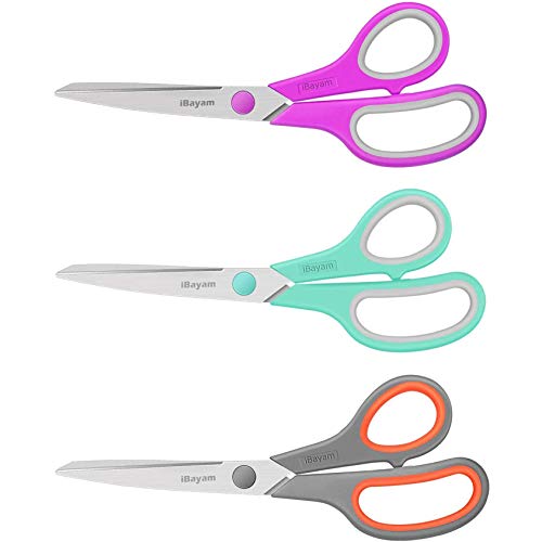 Scissors, iBayam 8" All Purpose Scissors Bulk 3-Pack, Ultra Sharp 2.5mm Thick Blade Shears Comfort-Grip Scissors for Office Desk Accessories Sewing Fabric Home Craft School Supplies, Right/Left Handed