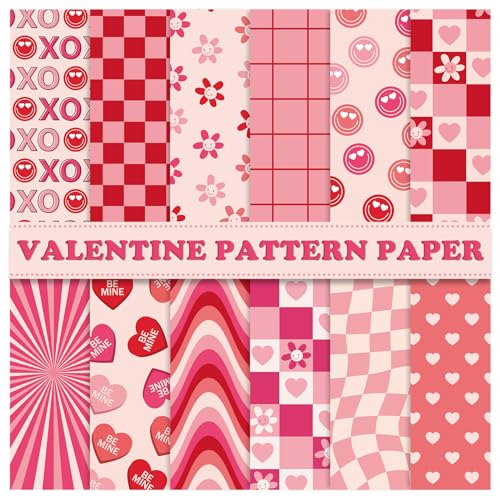 Whaline 60 Sheets Valentine Groovy Pattern Paper Pink Red Heart Scrapbook Specialty Paper Retro Decorative Craft Paper For DIY Card Making Photo Album Journal Decoration, 5.5 x 8.3 Inch