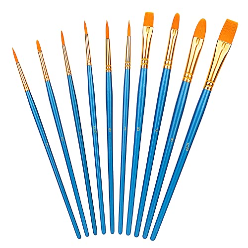 Amazon Basics PBT Paint Brushes for Acrylic, Oil, Watercolor, 10 Different Sizes Brush Set, Blue