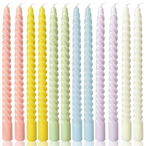 10 Inch Cream Spiral Taper Candles for Home Decoration, 12 Pack Candy-Color Candlesticks for Dinner Party Wedding Holiday