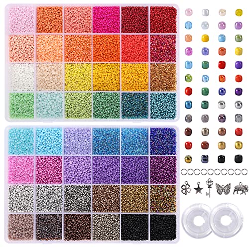 QUEFE 44000pcs 2mm Glass Seed Beads for Bracelet Making Kit, 48 Colors Small Beads, Craft Beads Kit for Jewelry Making, with 2 Storage Boxes, Charms, Jump Rings and Clear Elastic String Cord